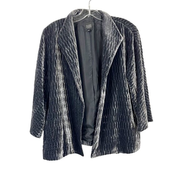 X Eileen Fisher Gray Velvet Open Front Jacket Pockets Diamond Size Petite Large - Picture 1 of 6